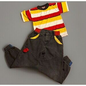 Vintage 80s Buster Brown Striped T-Shirt & Black Jogger Jean Set Boys 5/6